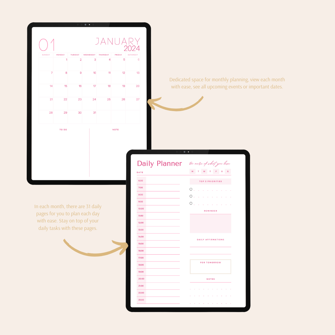 2024 Digital Daily Planner - Pink Abstract