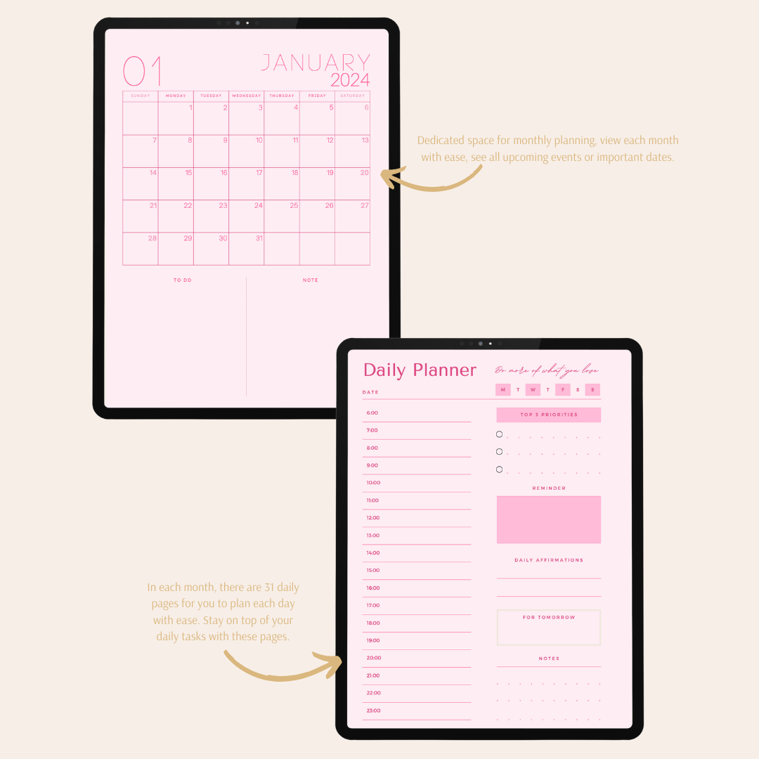 2024 Digital Daily Planner - Pink